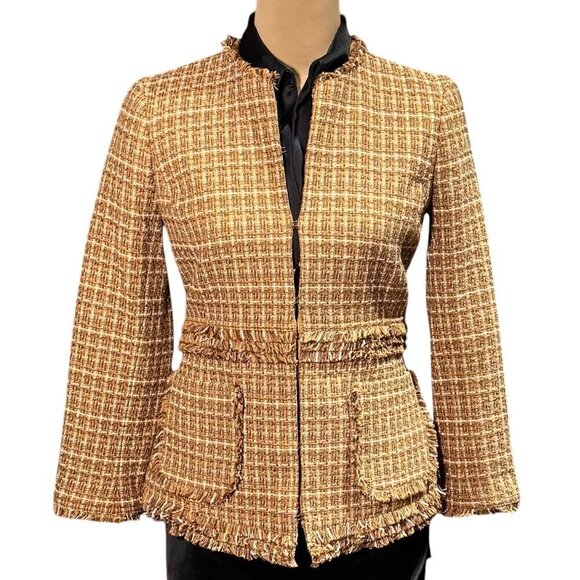 Brooks Brothers Tweed Blazer Sz.6 Tan Fitted Fringe Trim Career Old Money Classy - Picture 12 of 12